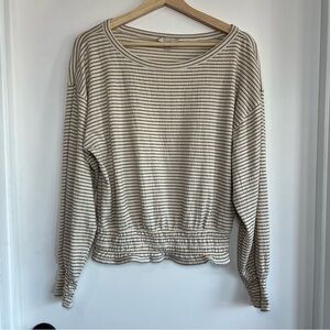 Loft White Yellow‎ Black Stripe Smocked Waist & Wrist Long Sleeve Blouse, Size M